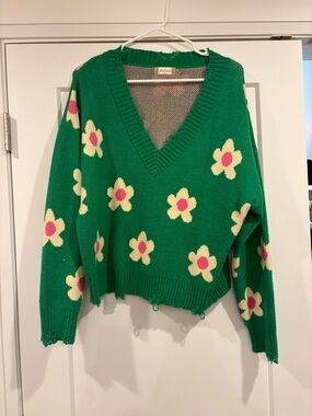 Altar'd State Green V-Neck Floral  Sweater